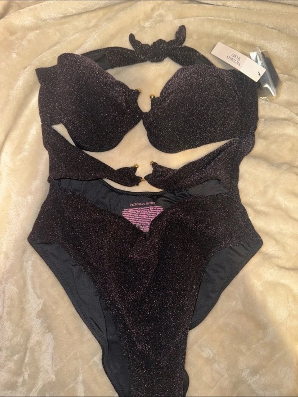 NWT Victoria's Secret Swim Black Glitter High-Cut One Piece Medium